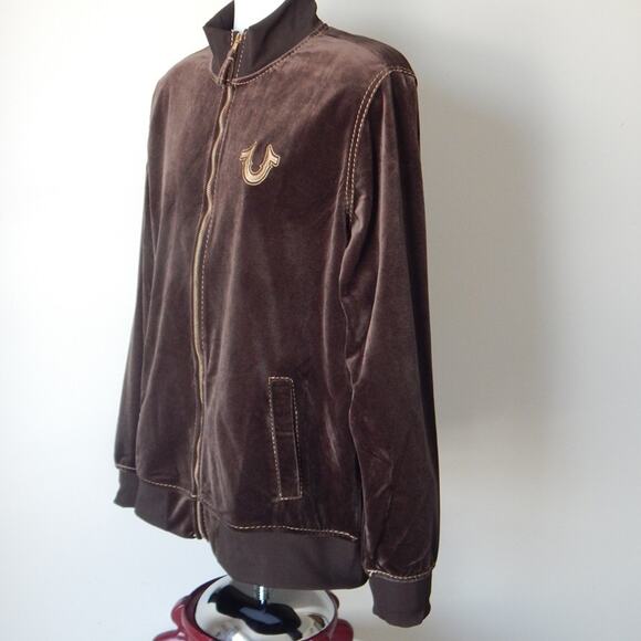 NWT True Religion Velvet Embellished Track Jacket Zip Up Brown Gold Men XXL - Picture 9 of 11